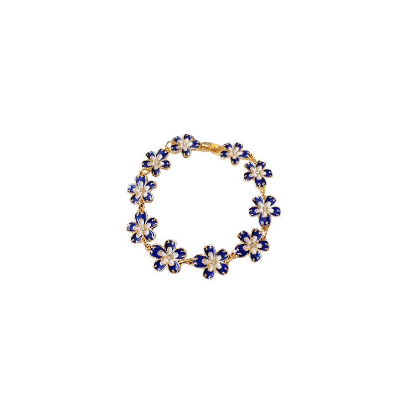 Gold - Tone Blue Flower - Shaped Bracelet With Enamel And Crystal Accents Elegant Party Jewelry And Gift For Her High Quality And Charming Jewelry
