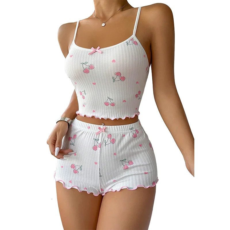 2Piece Pajama Set for Women Cherry Print Bow Front Cami Top and Short Cute Soft Sleepwear 250717