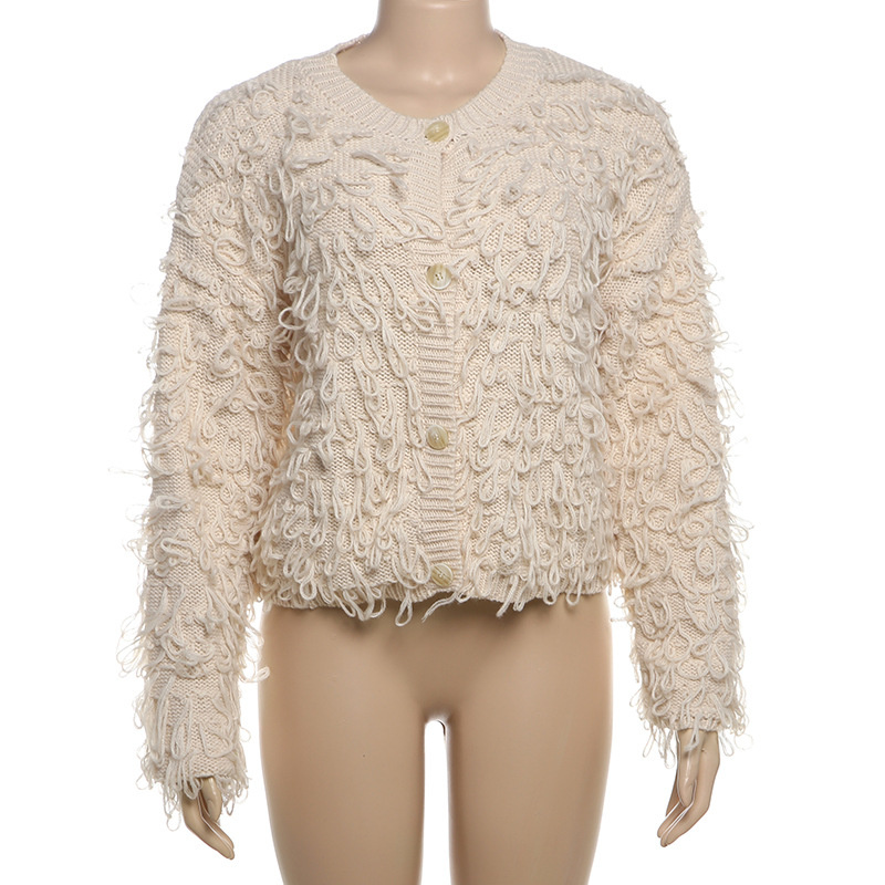 Free shipping designer coat for women Fashionable temperament commuting creative knitted tassel button woolen jacket