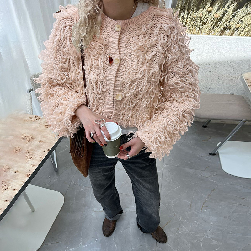 hot Free shipping designer coat for women Fashionable temperament commuting creative knitted tassel button woolen jacket