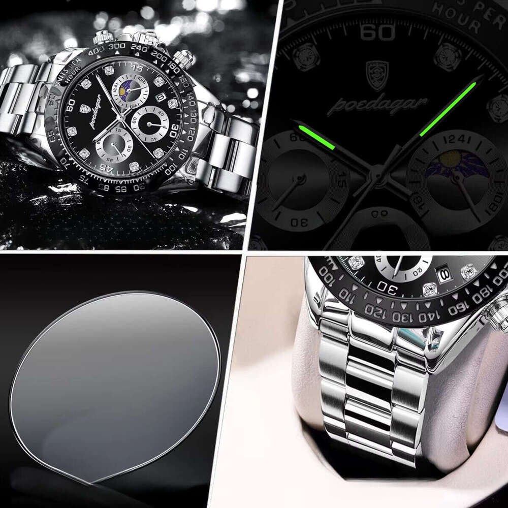 DHwatches Men's Multifunction Quartz Watch - Luminous, Moon Phase, Chronograph, 50M Waterproof, Stainless Steel Band, Sporty Wristwatch