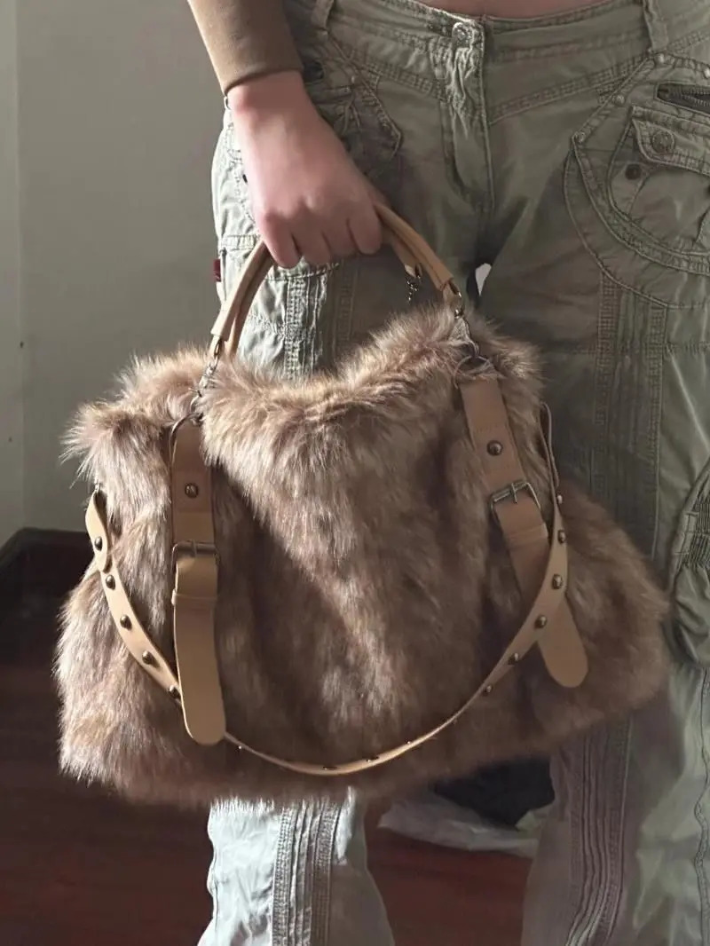 Jiaerdi Plush Large Capacity Tote Bag Women Vintage Autumn Winter Fur Soft Khaki Handbag Female Retro Casual Messenger Bag Y2k 250717