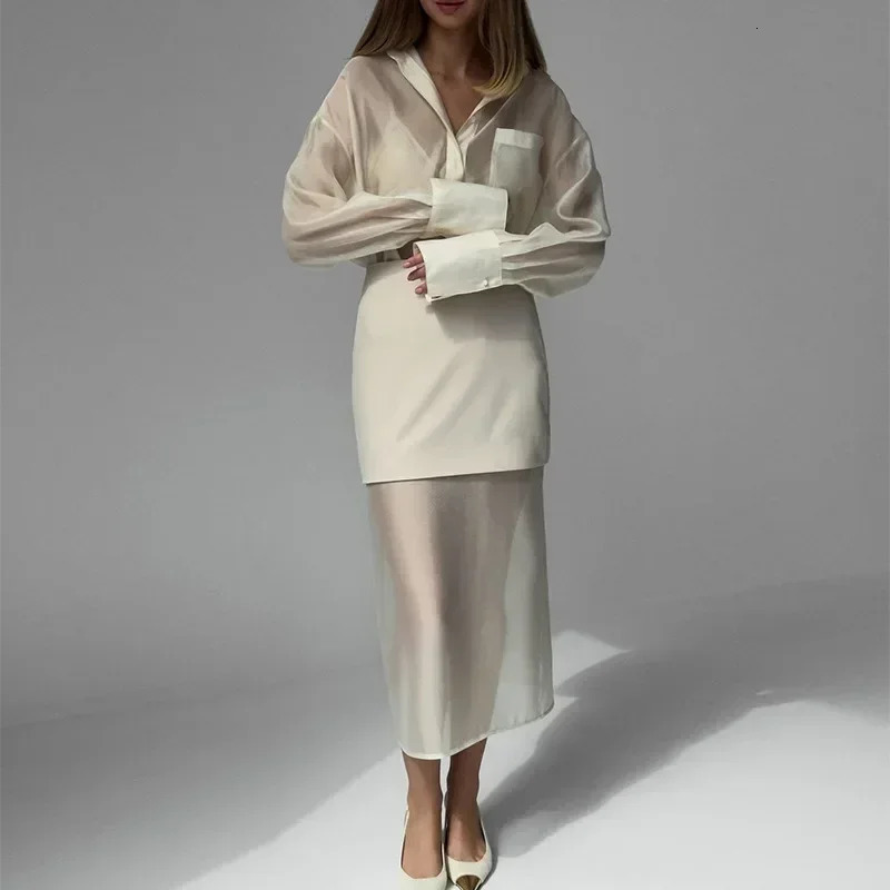 Womens Clothing Autumn Mercerized Mesh Lapel Long-sleeved Shirt High-waisted Splicing Skirt Two-piece Set 250714