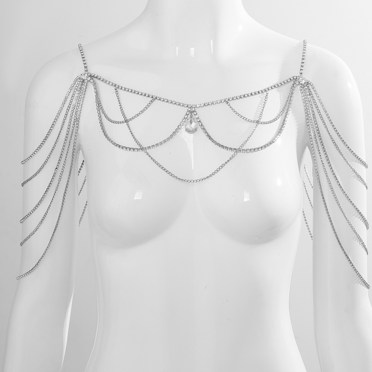 New Arrival Multi Layer Tassel Shoulder Chain Elegant Bride Wedding Iced out Water Drop Body Chain Bling Bling