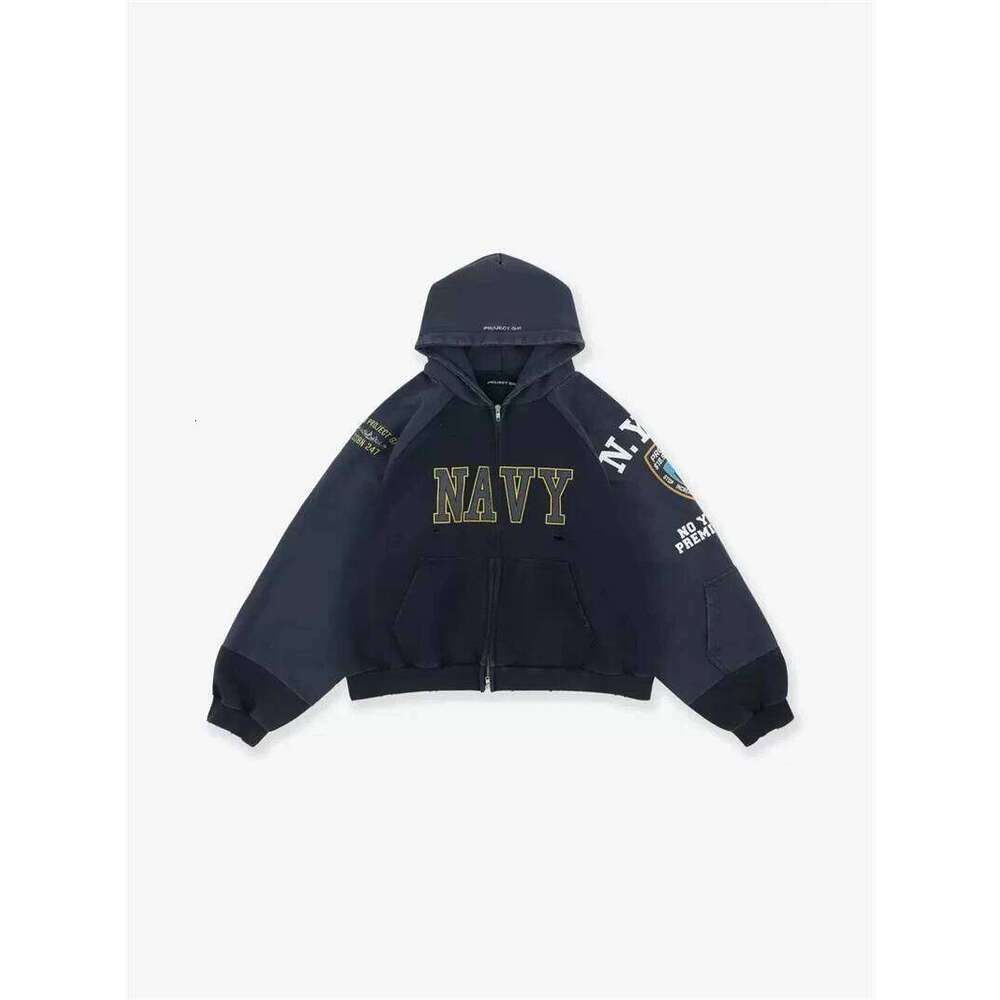 hoodie Stain Fake Two Pieces Project Hole Damage Zip Up Hoodies Men Women Vintage Distress Badge Print Sweatshirts Loose Jacket jacket