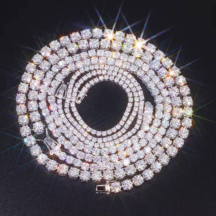 Wholesale Price Popular Gold Plated VVS Moissanite 3mm Tennis Chain Necklace Hip Hop Moissanite Tennis