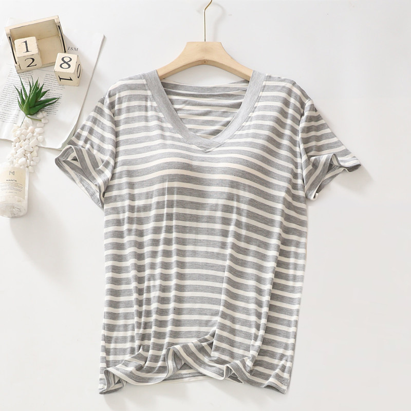 B981-Modal pajamas with chest pads for women summer striped short-sleeved home clothes comfortable loose large size T-shirt tops Korean