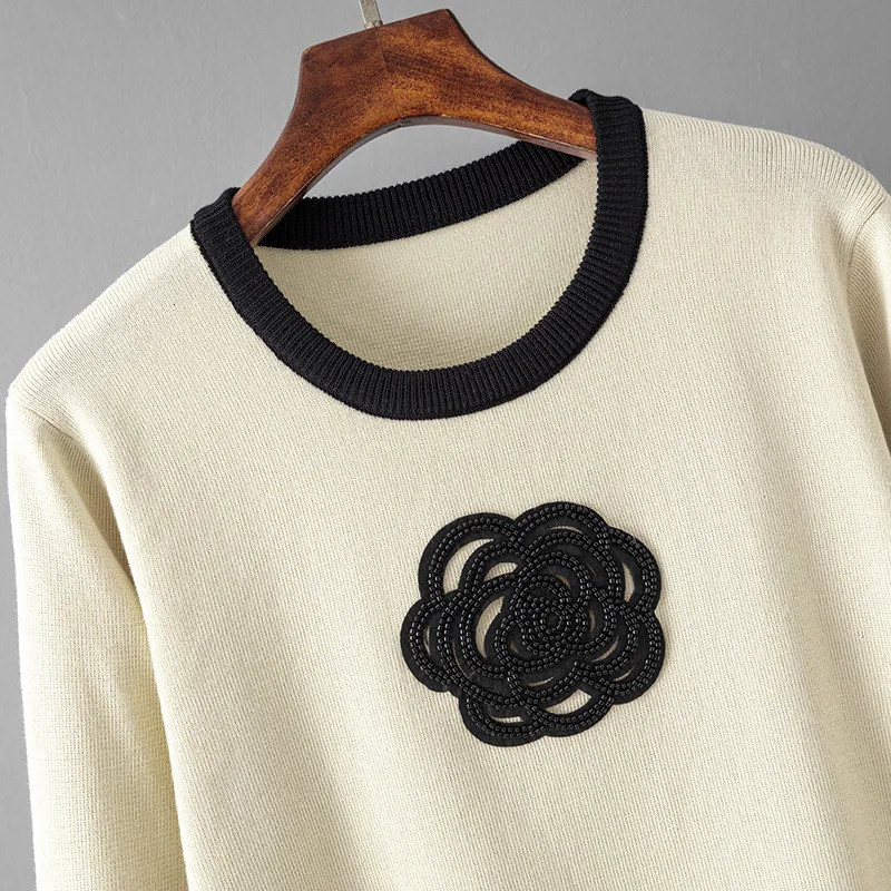 Casual Knitted Two Piece Women Sets Floral Sweater Matching Sets Knit Tracksuit Round Neck Knitted Sweater Wide Leg Pants 250718