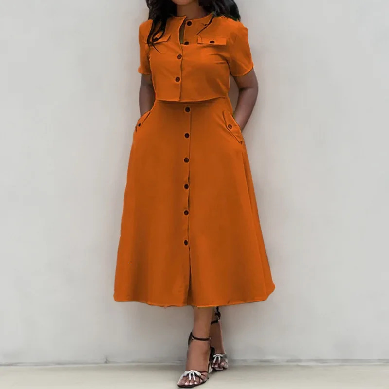 Women Top Skirt Sets Summer Short Sleeve O-Neck Button Shirt Midi Skirts Two 2 Piece Setss Elegant Office Ladies Suits 250714