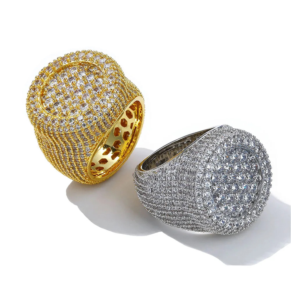 100% Iced Out Big Round Ring Full Diamond Signet Ring Hip Hop Style Bling Cubic Zirconia Jewelry Women 250717
