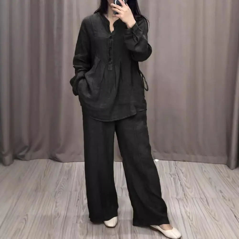 2 Pcs/Set Spring Fall Women Top Pants Suit Solid Color Half-open Round Neck Top Elastic Waist Straight Wide Leg Trousers 250714