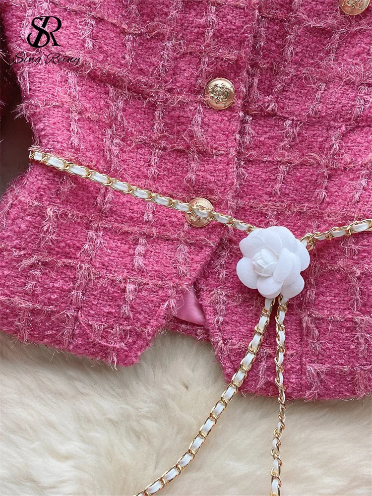 SINGREINY High Quality Plaid Two Pieces Suits Women Gold Button Long Sleeves Short JacketSplit Long Skirt Lace up Autumn Sets 250718