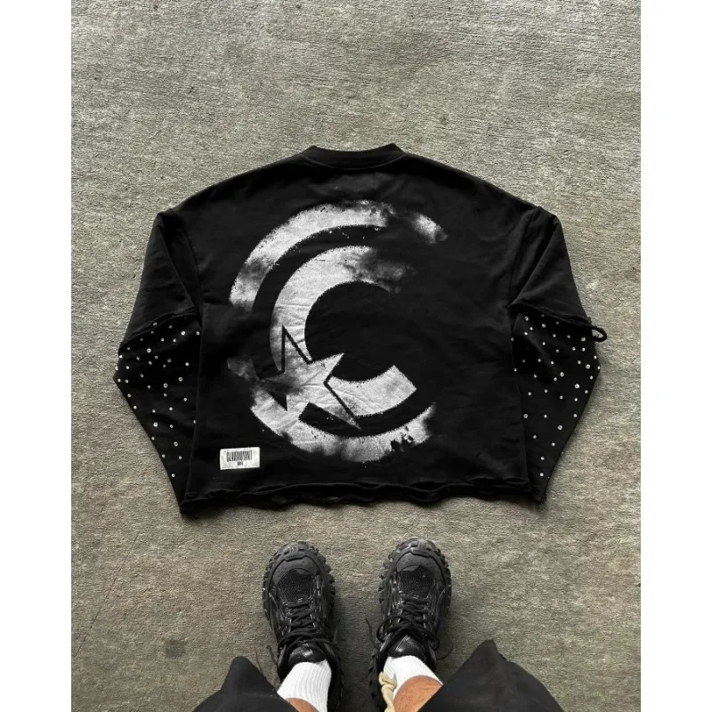 Street letter embroidery printed diamond long-sleeved high-quality O-neck T-shirt women Y2K grunge clothes trendy sports top 250714