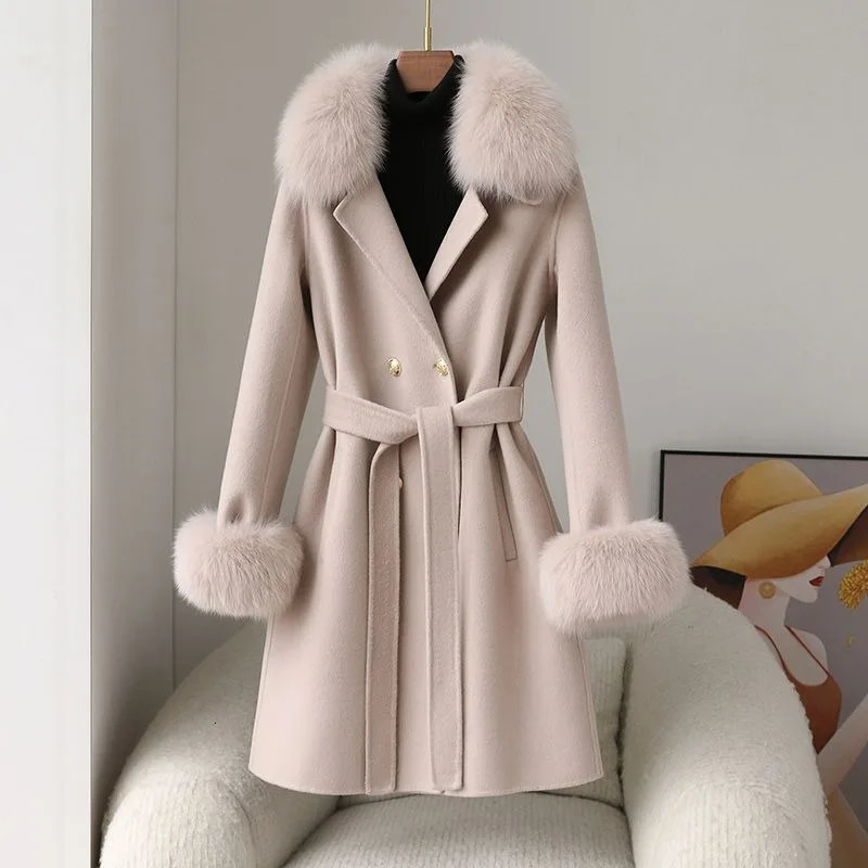 s Autumn Winter Women Fur Coat Cashmere Wool Blends With Detachable Fox Fur Collar Cuffs Slim Ladies Overcoat 250717