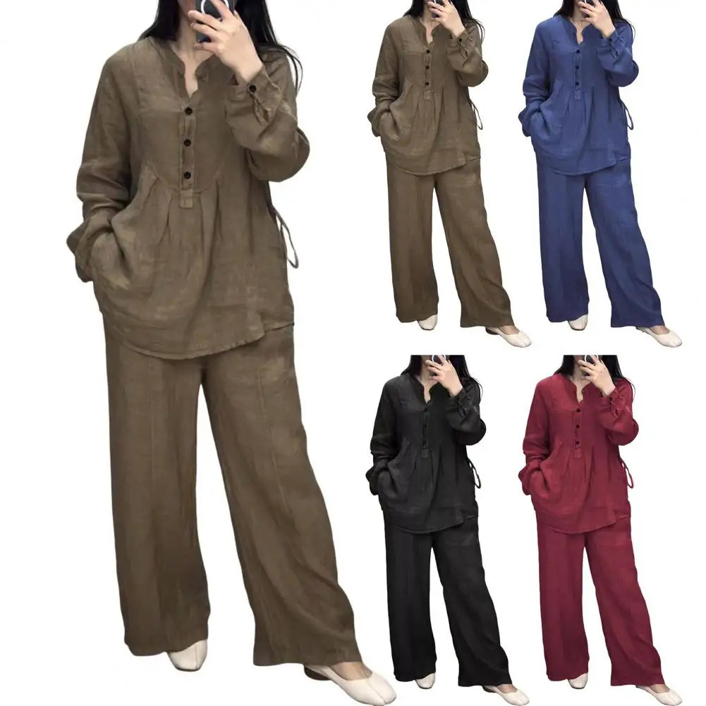 2 Pcs/Set Spring Fall Women Top Pants Suit Solid Color Half-open Round Neck Top Elastic Waist Straight Wide Leg Trousers 250714