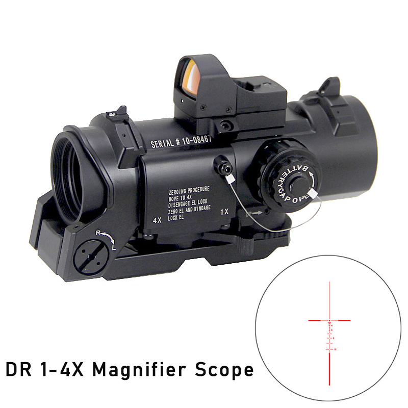 Tactical 1x-4x Magnifier Scope Dual Role Optics Red Illuminated Mil-Dot Riflescope With Red Dot Sight on Top Fit 20mm Weaver Picatinny Rail Full Aluminum