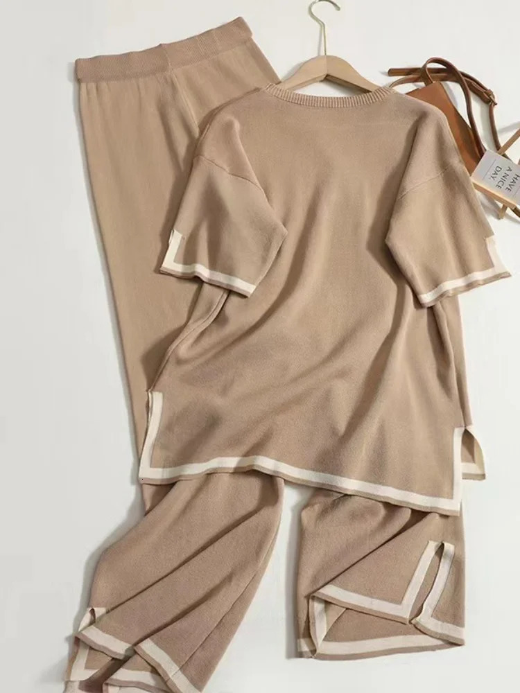Women Two Piece Set Knit Sweater Suit Short Sleeve Round Neck Tops Loose Wide Leg Pants Solid Splice Midi Waist Casual 250714