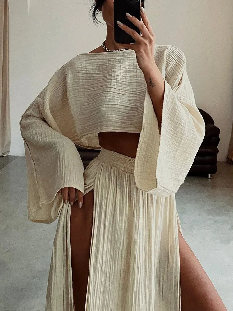 2 Pcs/Set Women Crop Top Skirt Sets Long Sleeve Top High Waist Split Skirts Suit Beach Bikini Coverup Lady Elegant Party Outfit 250714