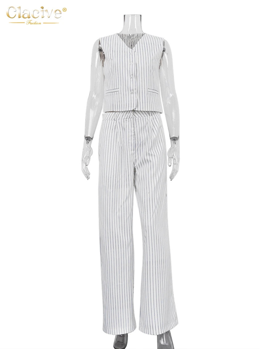 Clacive Fashion Loose Stripe Print Pants Sets For Women 2 Pieces Elegant Sleeveless Tank Top With High Waist Wide Trousers Suits 250714