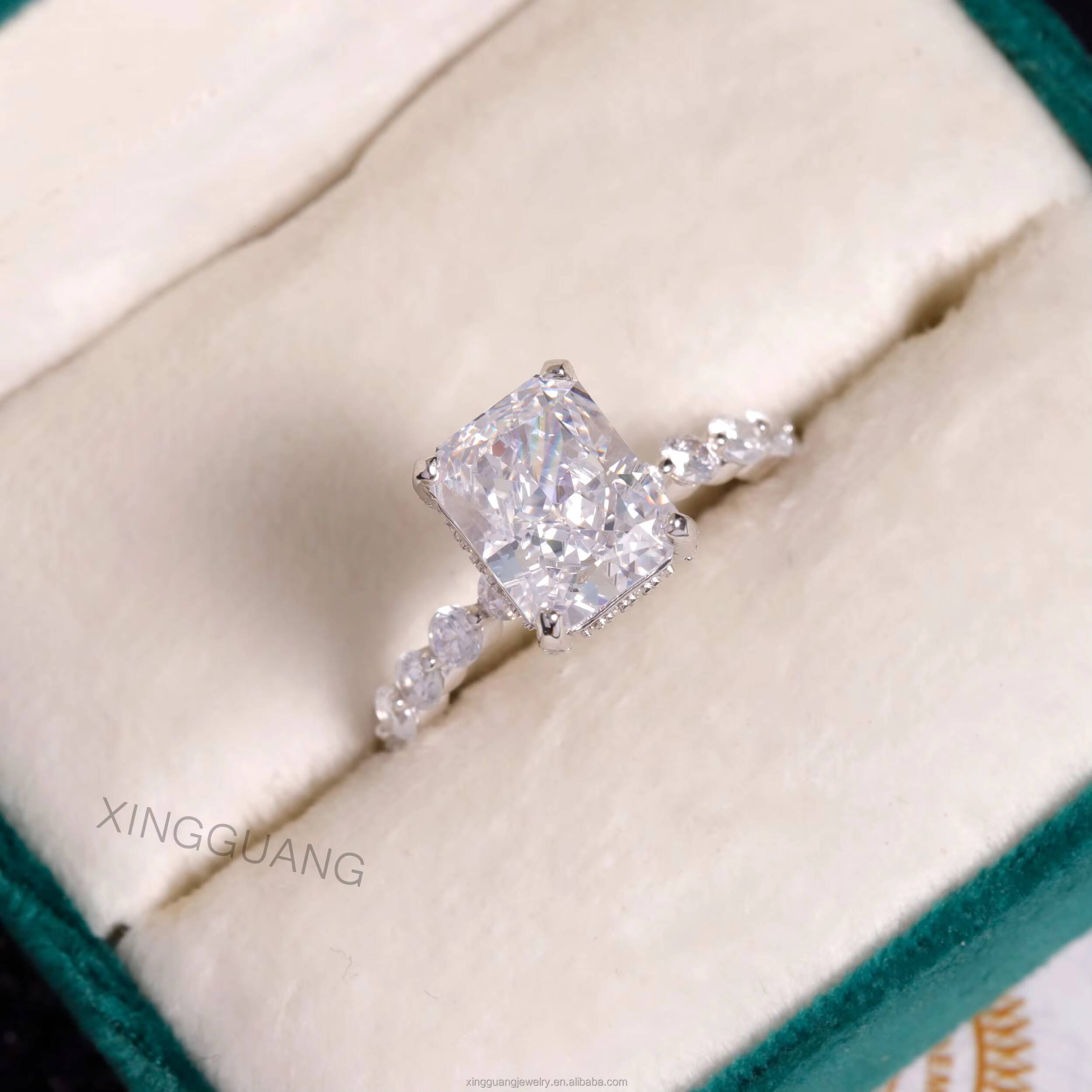 XingGuang Custom 3ct Radiant Cut Moissanite Wedding Ring for Engagement 18k White Gold Plated Diamond VVS Moissanite Ring