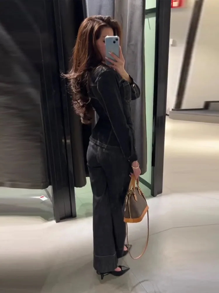 Street Vintage Denim Pants Set Slim Long Sleeve Lapel Single Breasted Jacket Straight Trousers 2025 Autumn Lady Outfits 250717
