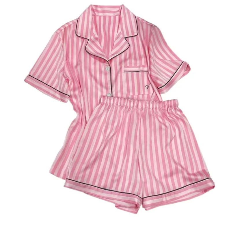 Large Size Women Pajamas Set ShortSleeved Student Homewear TwoPiece Cardigan Lapel Senior Sense of Striped Short 250717