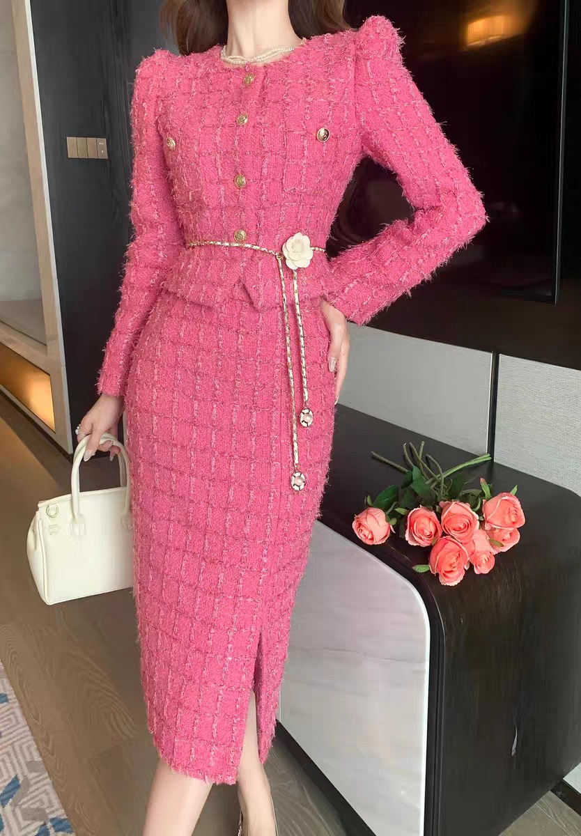 Two Piece Dress Rose red small fragrant style set for women's autumn and winter new style high-end coarse woolen coat half body long skirt two-pi