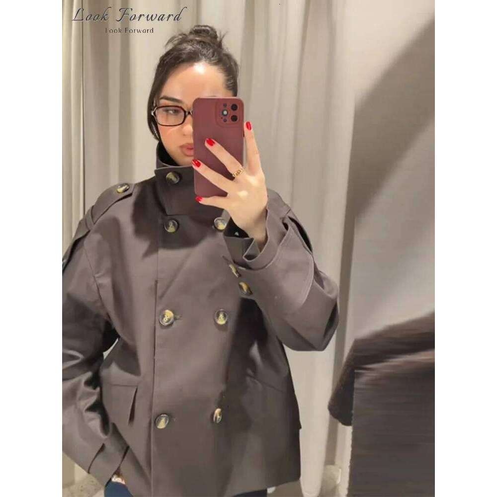 hoodie Khaki Trench Coat Women Double Breasted Jacket Woman Stand Collar Full Sleeve Pocket Spring Autumn Casual Loose Outerwears Lady jacket