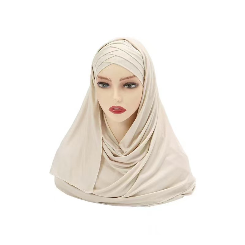 T1270 New Mercerized Cotton Three-layer Cross Brim Tie Single Color Long Scarf Shawl Hijab