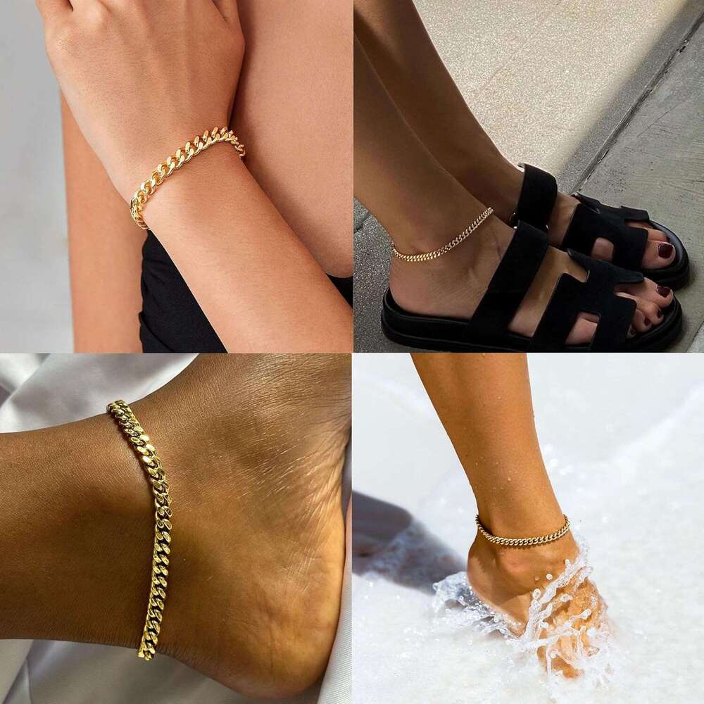 14K Plated/Sier Waterproof Minimalist Cuban Link Set Dainty Layered Ankle Bracelets Anklets for Women Gold Anklet Jewelry Gifts