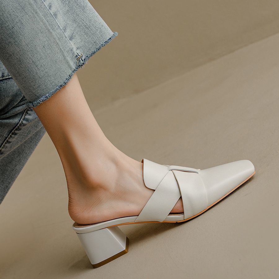 Designer sandals Designer sandals French Style Square Toe for Women, Fashionable Chunky Mid Heel Apricot Mules, Summer Mules