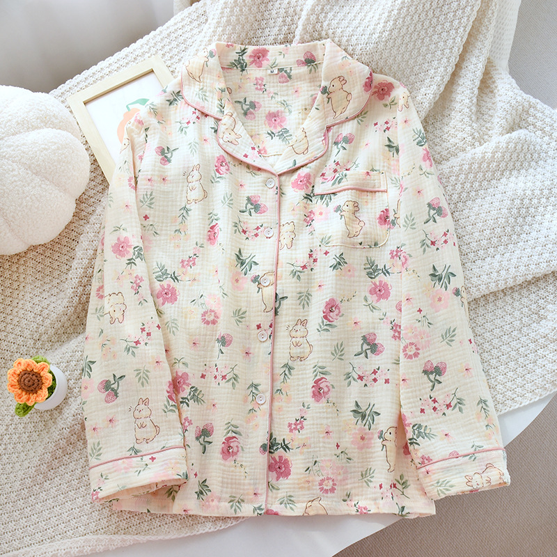 B982-Pure cotton home wear tops for women, single piece, spring and autumn thin gauze long-sleeved cardigan, printed lapel pajamas, loose and casual