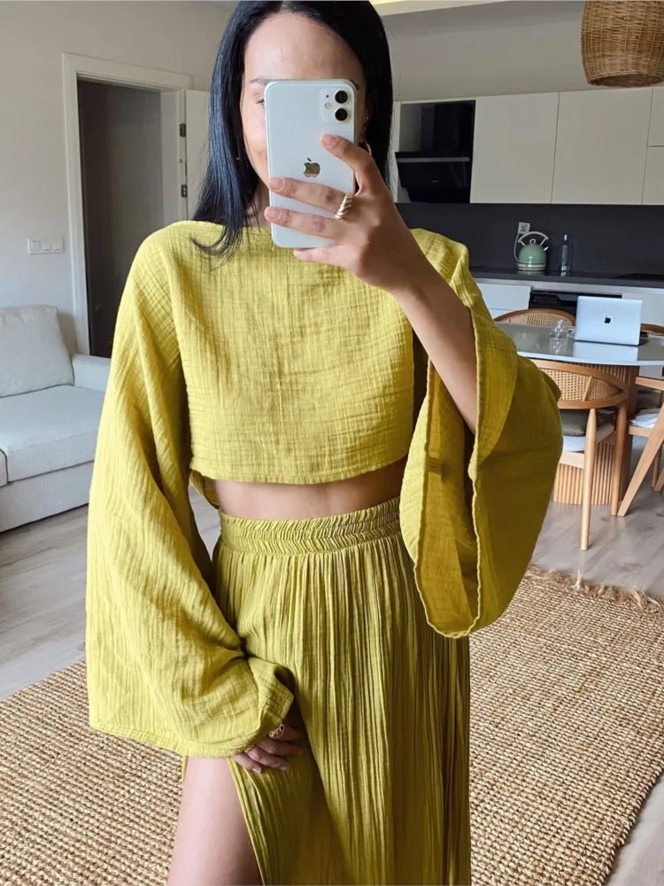 2 Pcs/Set Women Crop Top Skirt Sets Long Sleeve Top High Waist Split Skirts Suit Beach Bikini Coverup Lady Elegant Party Outfit 250714