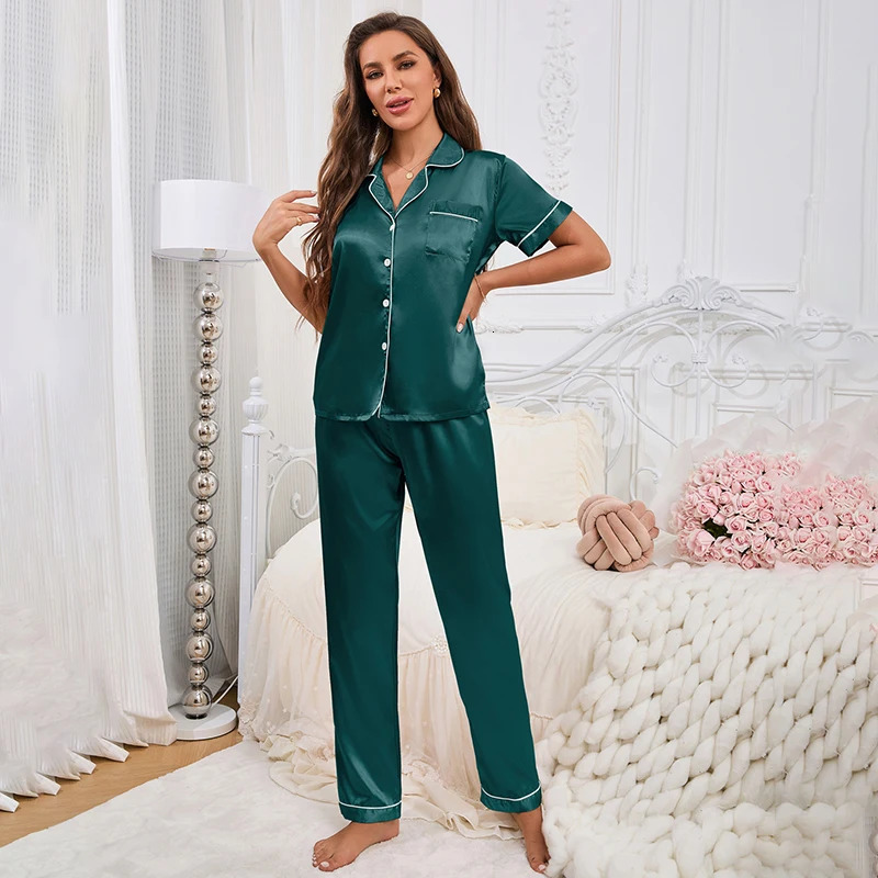 Satin Pajama For Women Home Clothes Pajamas Autumn Short Sleeve Turndown Collar Tops Pants Sleepwear 2 Piece Set Pyjama Femme 250717