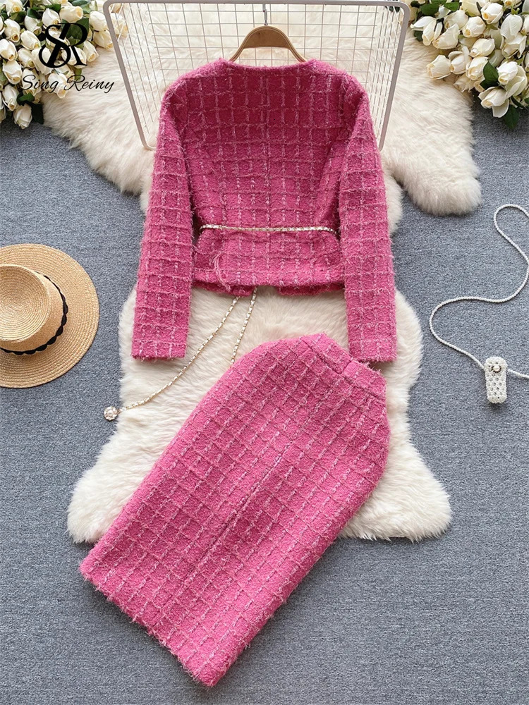 SINGREINY High Quality Plaid Two Pieces Suits Women Gold Button Long Sleeves Short JacketSplit Long Skirt Lace up Autumn Sets 250718