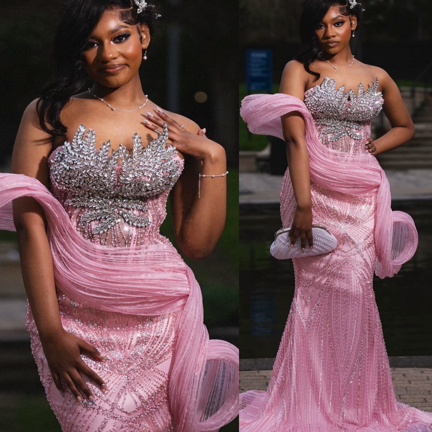 Pink Mermaid Prom Dresses 2025 Crystals Sparkly Sequined Stylish Evening Formal Party Second Birthday Engagement Gowns Plus Size Dress For Special Occ