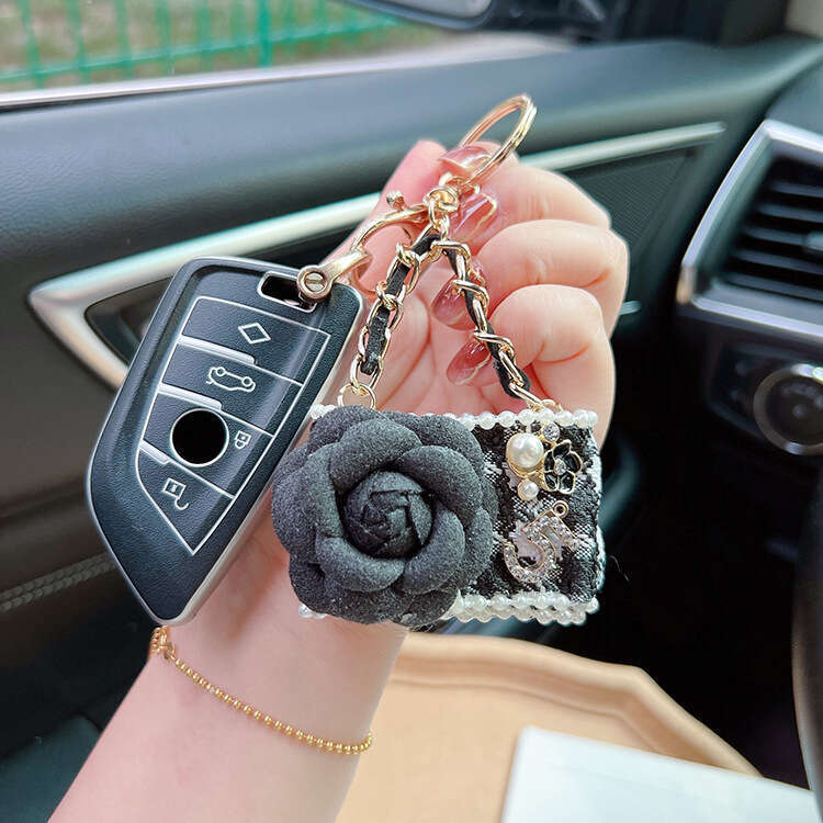 Fashion Fresh Fabric Camellia Bag Pendant Chanel Style Car Keychain Girly Heart Ornament