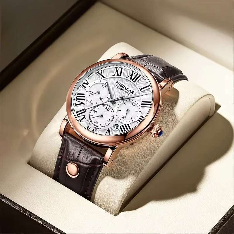 DHwatches Men's Ultra-Thin Leather Strap Watch - Multifunction Chronograph, Date Display, 50M Waterproof, Sapphire Crystal, Casual Quartz Watch