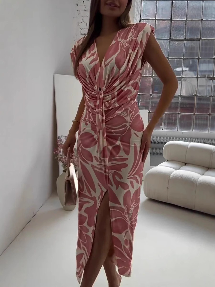 L720Women's clothing 2025 summer new ladies casual v-neck sleeveless printed dress