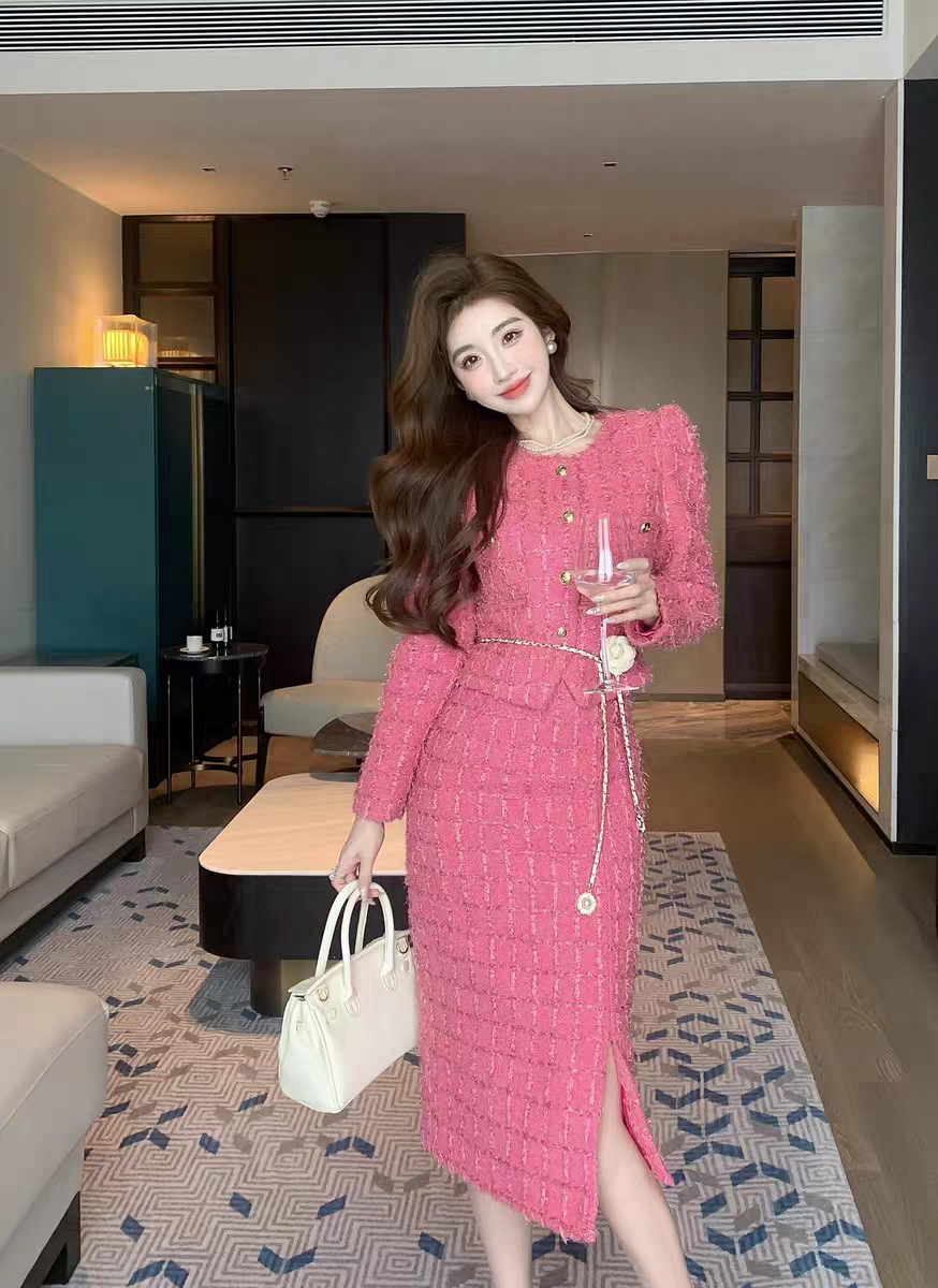Two Piece Dress Rose red small fragrant style set for women's autumn and winter new style high-end coarse woolen coat half body long skirt two-pi