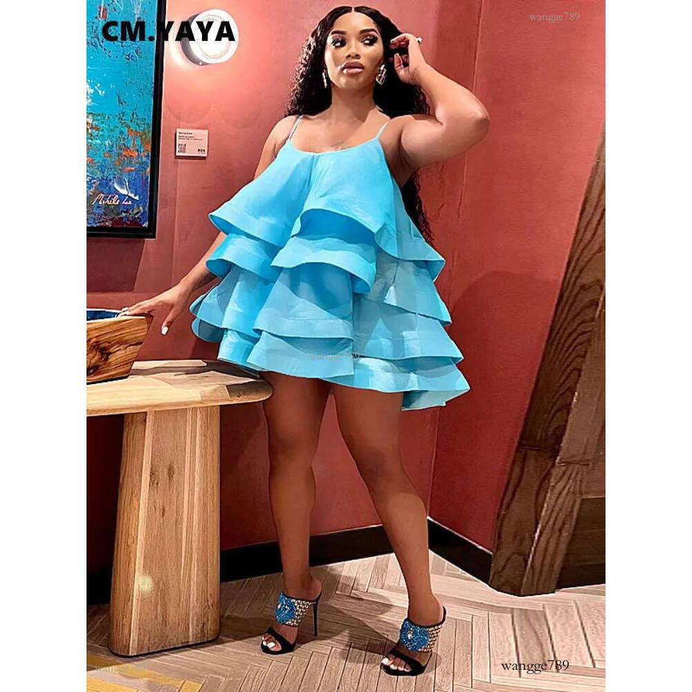 Basic Casual Dresses CM.YAYA Women Spaghetti Strap Tierred Big Swing Sleeveless Ball Gown Mini Dress Vintage Party Evening High Street Dresses 230614