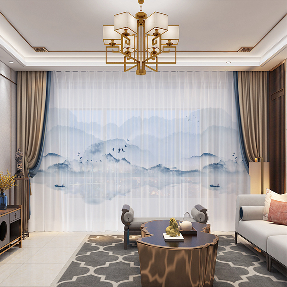 YL-36639 New Chinese style landscape painting all-match chiffon window screen living room bedroom tea house temple light-transmitting and non-transmit