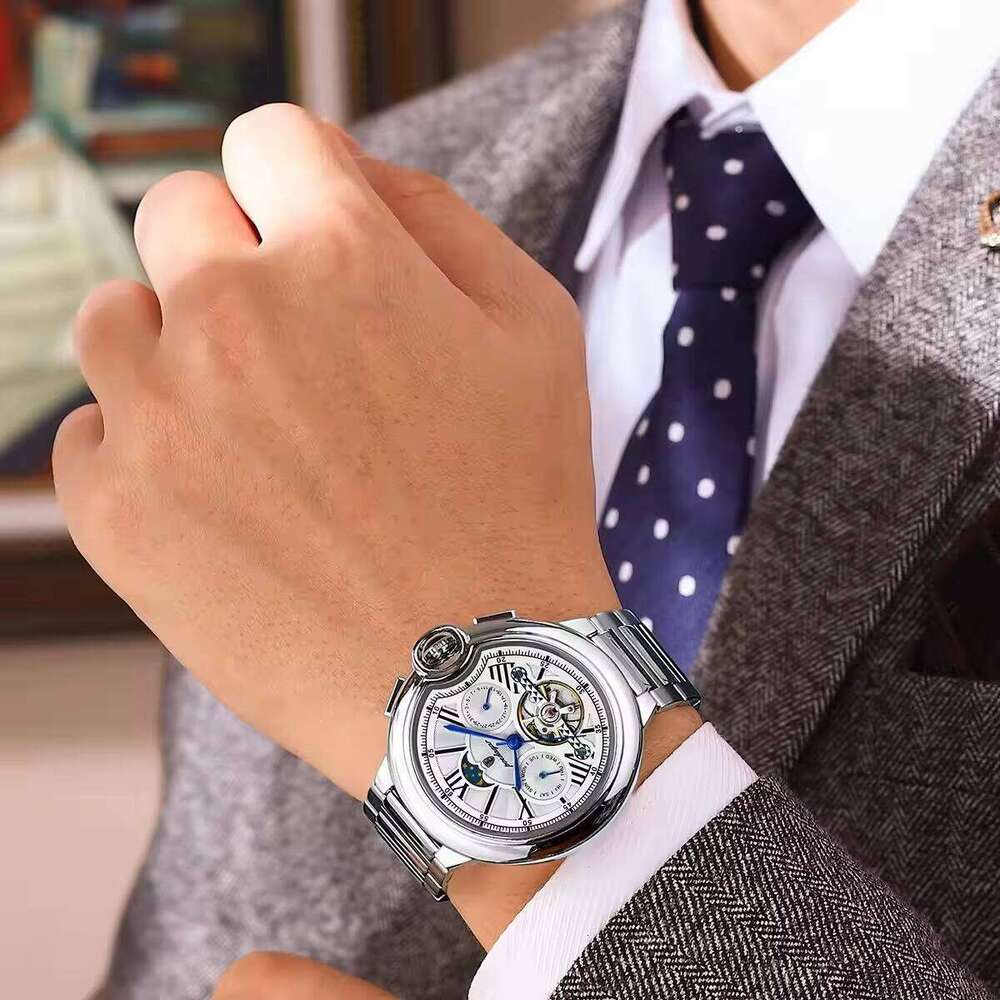 DHwatches Men's Mechanical Watch - Multifunction Moon Phase, Date & Day Display, 30M Waterproof, Stainless Steel Band, Casual Wristwatch