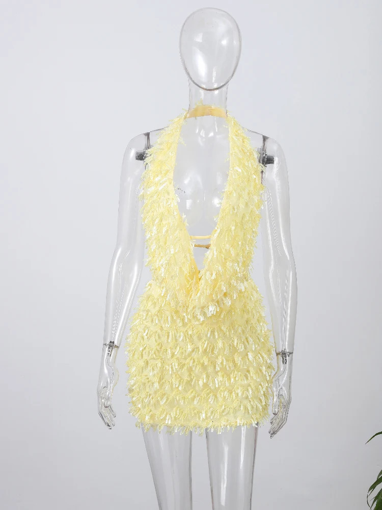 Y2K Sequin Tassels Mini Skirt Sets For Women Backless Sleeveless Halter Vest Tops Mini Skirts 2 Pieces Suits Summer Holiday Sets 250714