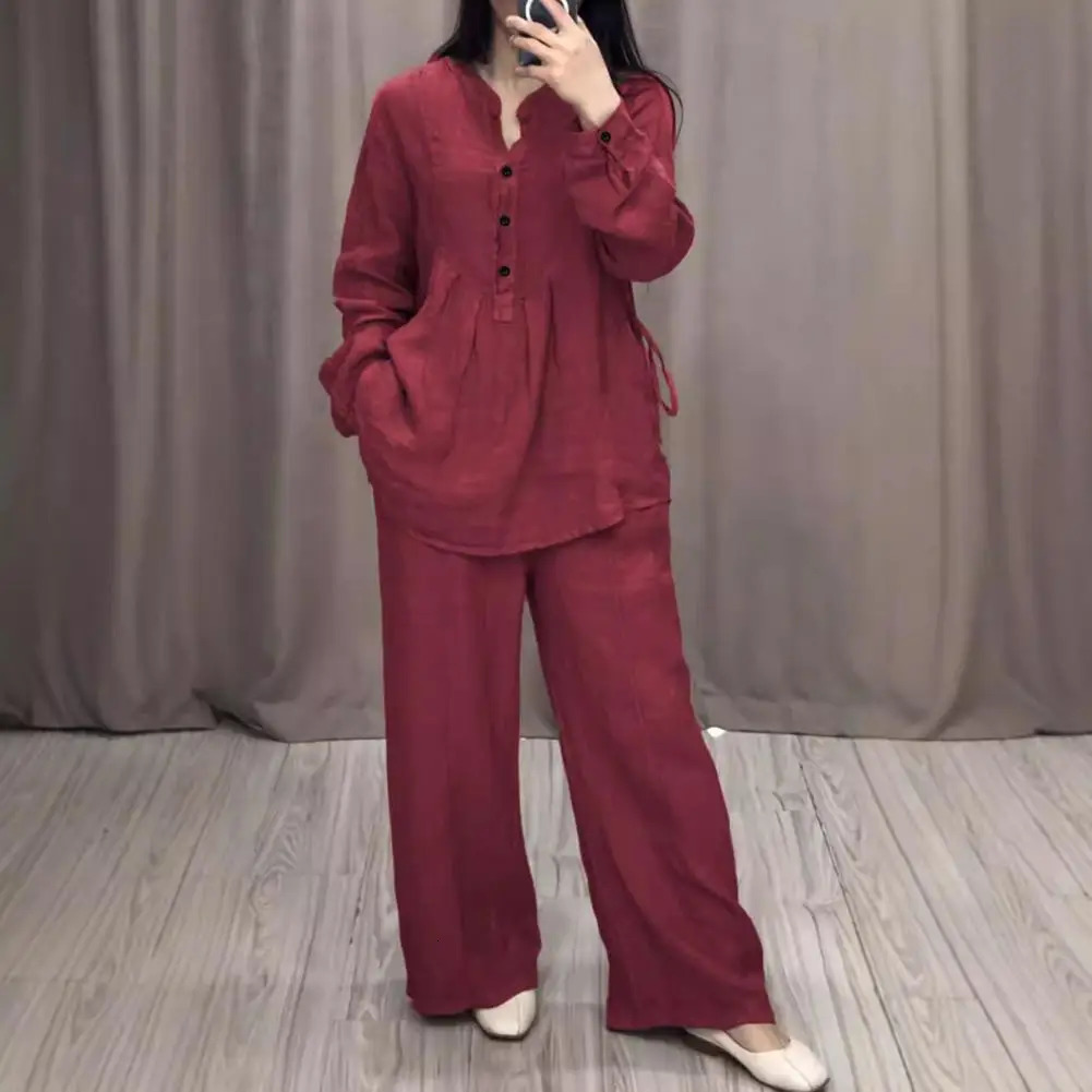 2 Pcs/Set Spring Fall Women Top Pants Suit Solid Color Half-open Round Neck Top Elastic Waist Straight Wide Leg Trousers 250714