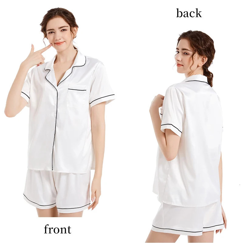 Summer Fashion Solid Color Satin Pajama Set Womens Flip Tie Button Shirt Top and Elastic Shorts 250717