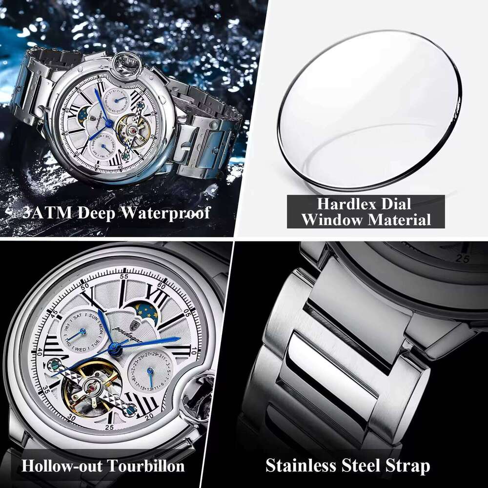 DHwatches Men's Mechanical Watch - Multifunction Moon Phase, Date & Day Display, 30M Waterproof, Stainless Steel Band, Casual Wristwatch