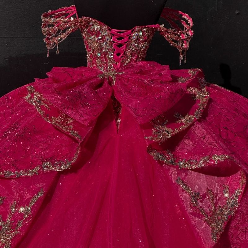 Rose Red Shiny Quinceanera Dresses Ball Gown Off Shoulder Appliques Lace Beading Crystal Bow Tull Sweet 16 Dress Vestidos De 15 Anos