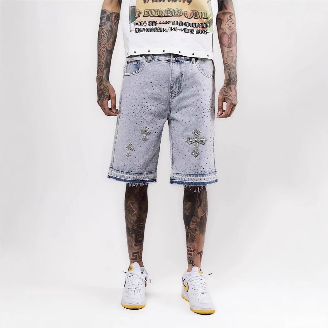Men's Shorts Gothic Rhinestone Cross Embroidery Viral Denim Jorts Vintage American Trend Gym Men Women Street Hip Hop Jean Short