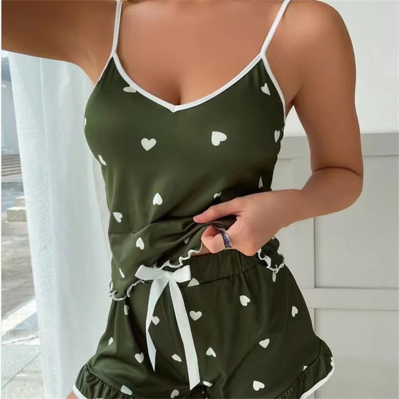 2024 Summer Pajama Set Large Size Vest Shorts Suspenders Soft Casual Cute Printed Women pajamas set 250717